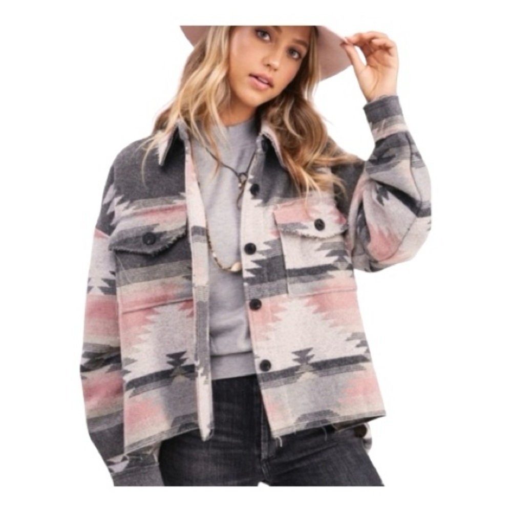 ROAMING FREE AZTEC WESTERN SHACKET PINK AND GREY 2 X